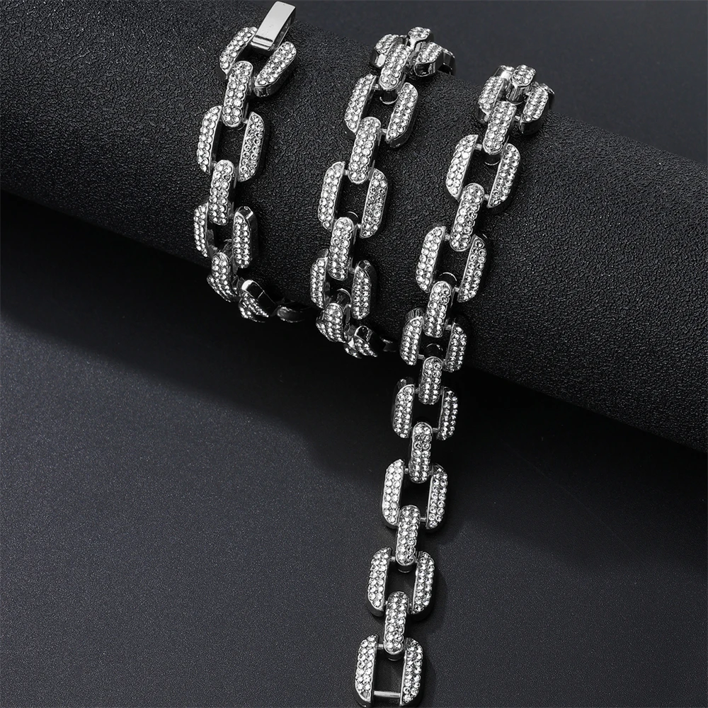 HIP HOP 12MM Cuban Link Chain 2Row Iced Out Rapper Necklaces For Men Women Choker Jewelry