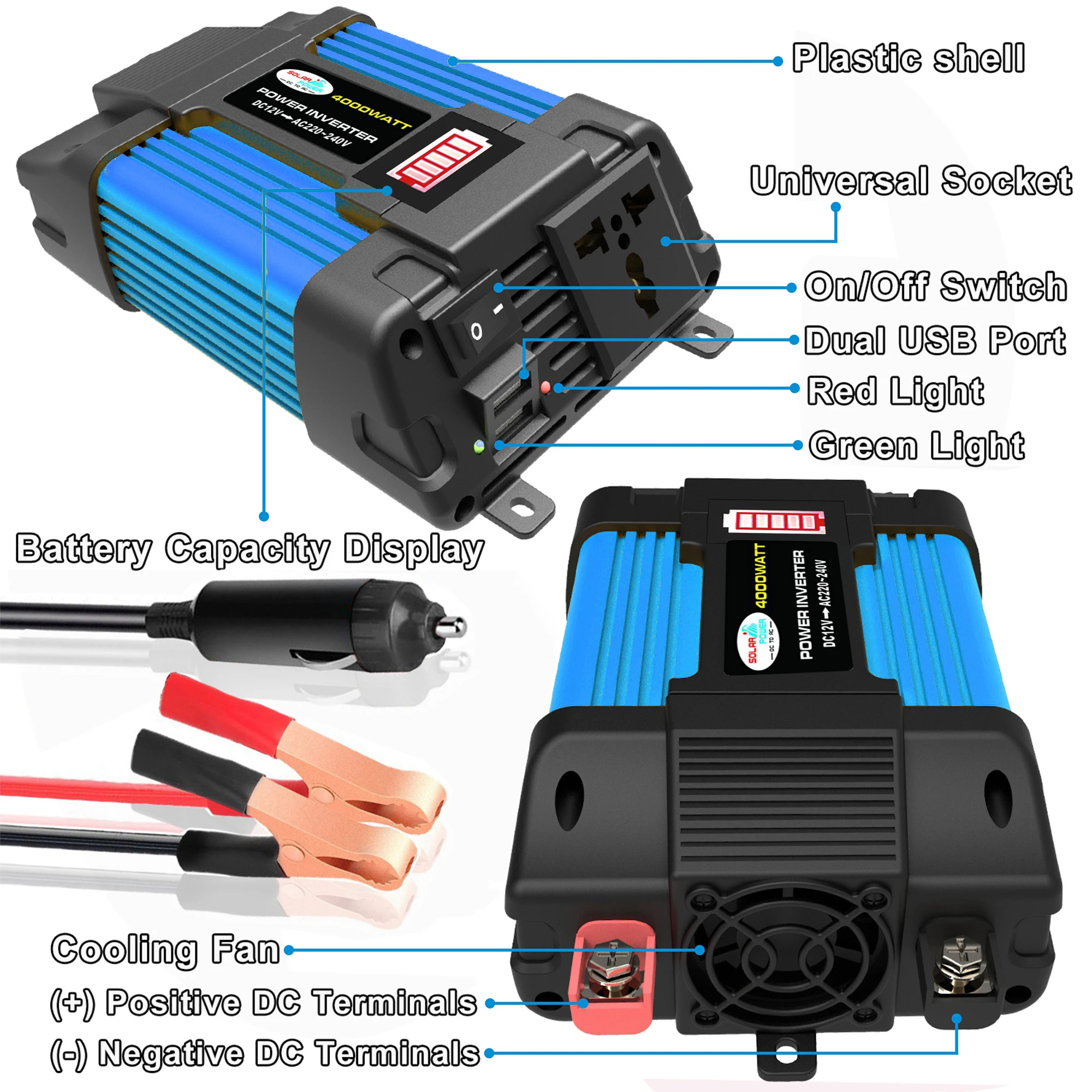 Powlsojx 4000W Peak Car Inverter DC 12V to AC 220V/110V -LED Battery Display Dual USB 2.1A Universal Socket Smart Silent Fan