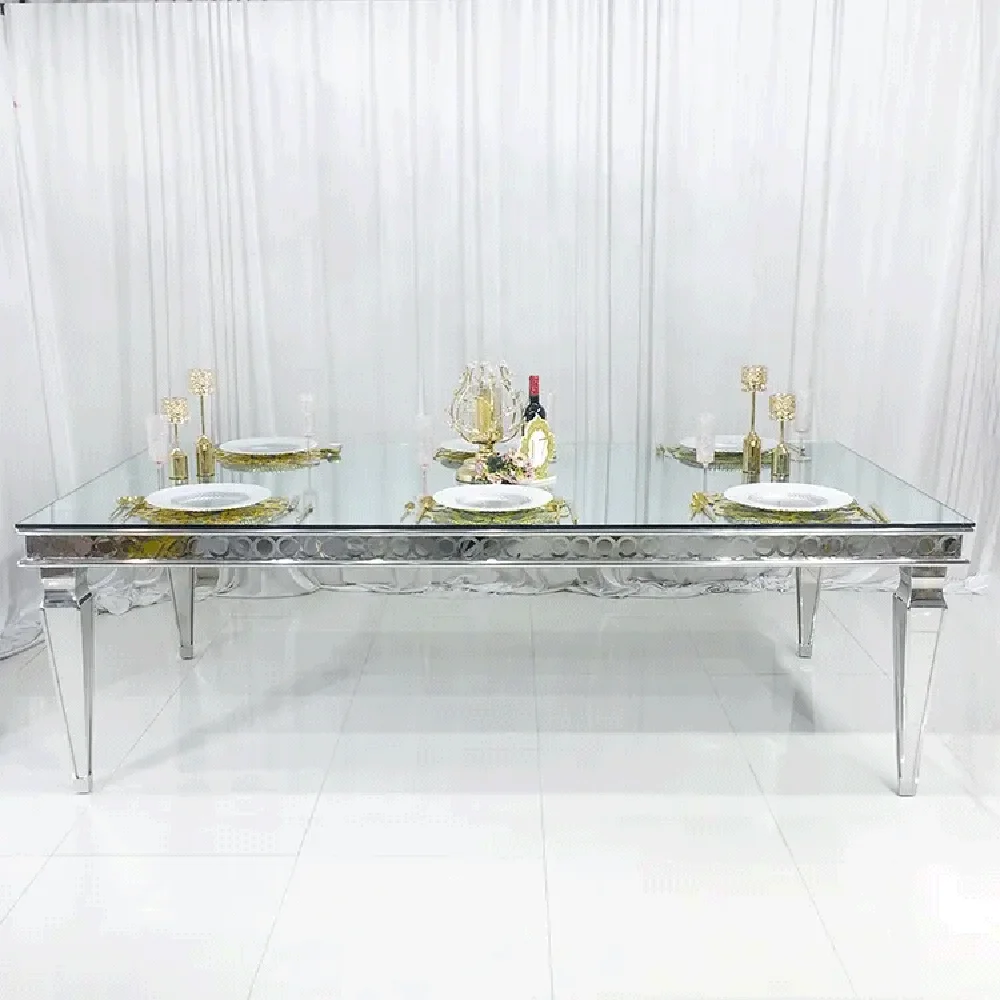 Luxury stainless steel silver rectangle tables event glass mirror dining table for wedding