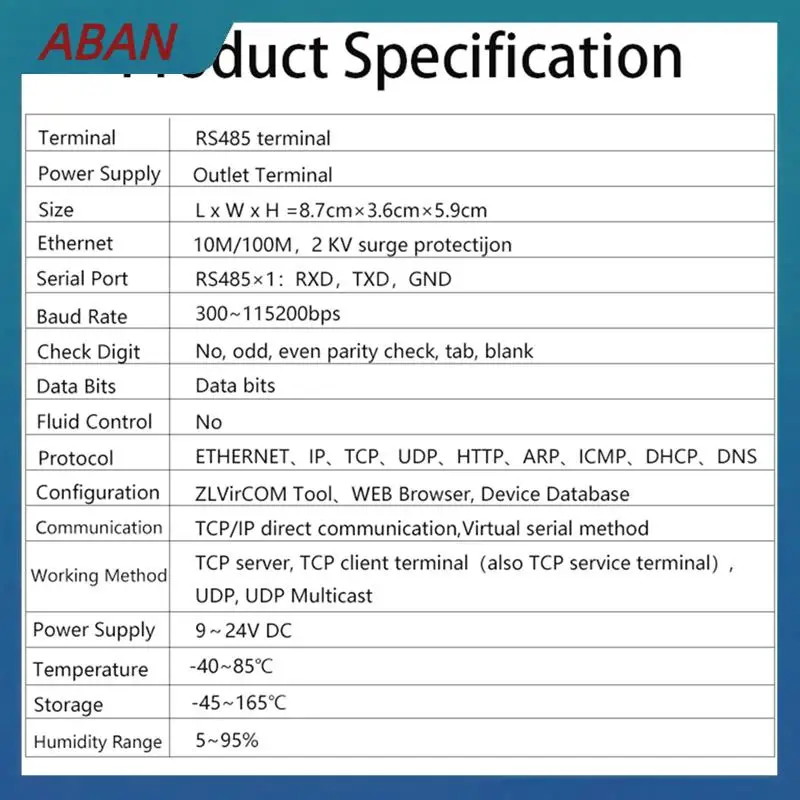 ABAN Din-Rail ZLAN5143D Serial Device Server Modbus Gateway RS485 From To TCP/IP DC9-24V Support Full Duplex