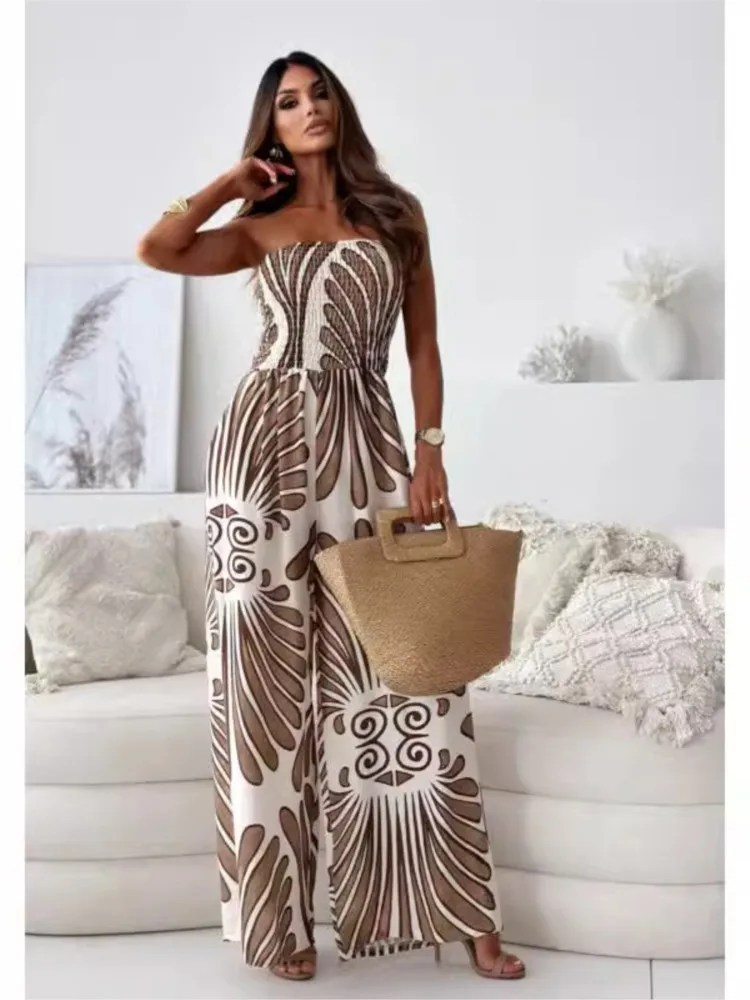 Women's One Shoulder Printed Tube Top Jumpsuit Fashion Temperament Elegant Casual Holiday Loose Wide Legs Jumpsuits Female New