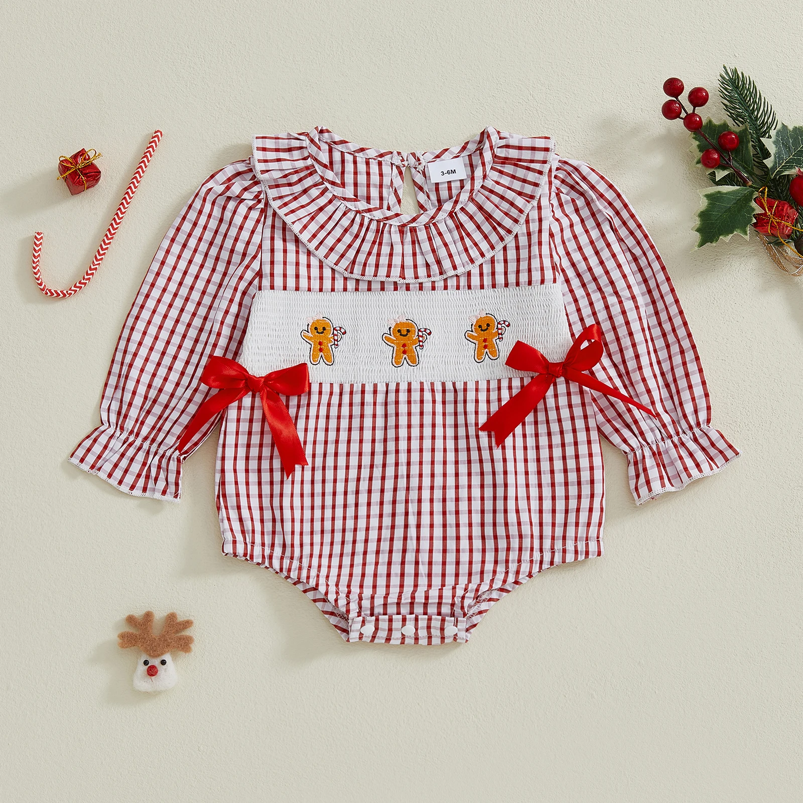 

0-18 Months Baby Girls Christmas Romper Long Sleeve Crew Neck Plaid Embroidery Gingerbread Man Bodysuit Clothes for Casual Daily
