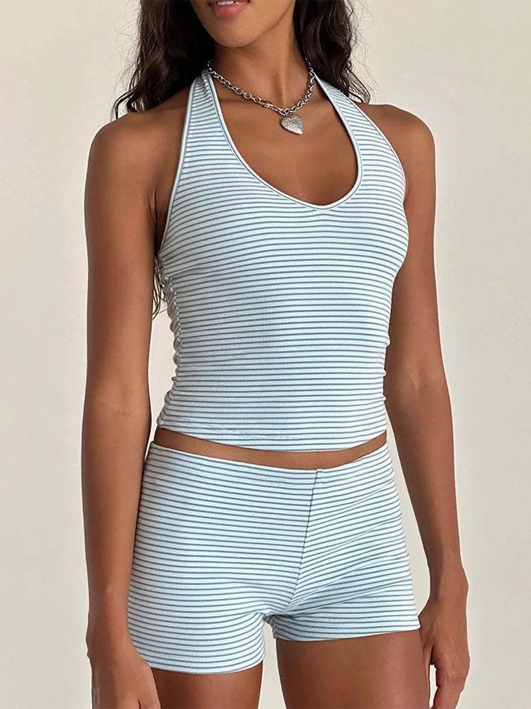 

Trendix облегающие полосатые шорты, комплект из 2 предметов, женские летние тонкие укороченные топы с v-образным вырезом, майка с открытой спиной, пляжная вечеринка, сексуальные короткие комплекты для отпуска