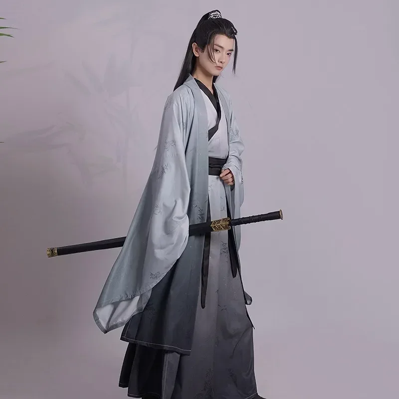 

Мужской костюм Wei Jin Hanfu в старинном стиле, комплект из 3 предметов, топ с перекрестным воротником и юбка с рисунком лица лошади, рубашка с большими рукавами, традиционная китайская одежда