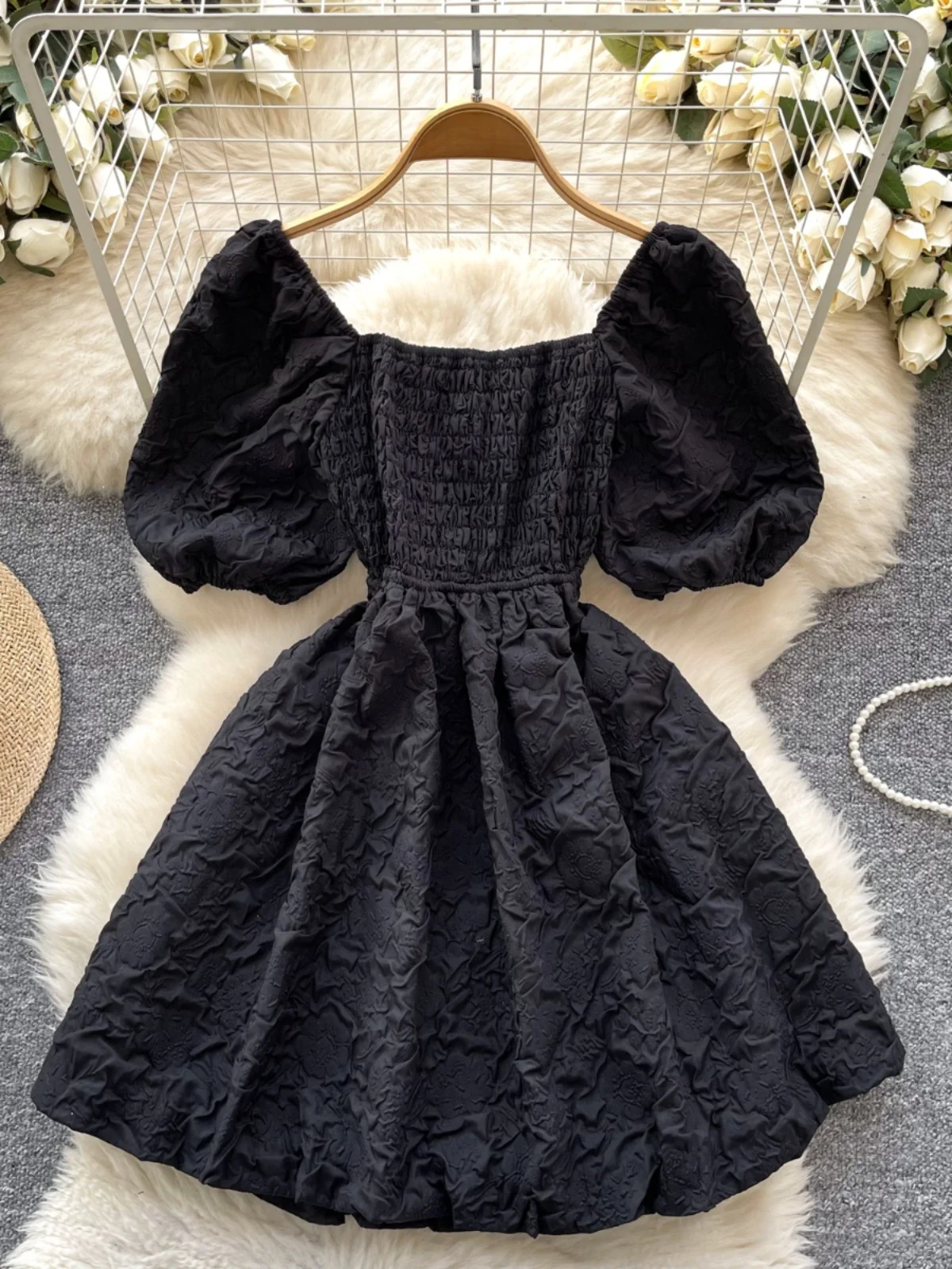 Vestido midi preto com recorte vazado, laço borboleta, cinto, manga bufante, cintura alta, estilo coreano, saia evasê, manga ...