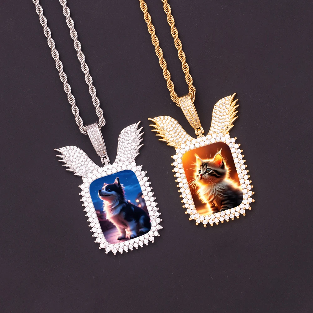 Ice Out DIY Custom Brass Golden Plated Wing Design Memory Picture Pendant Cubic Zircon Square Photo Frame Charm Necklace Jewelry