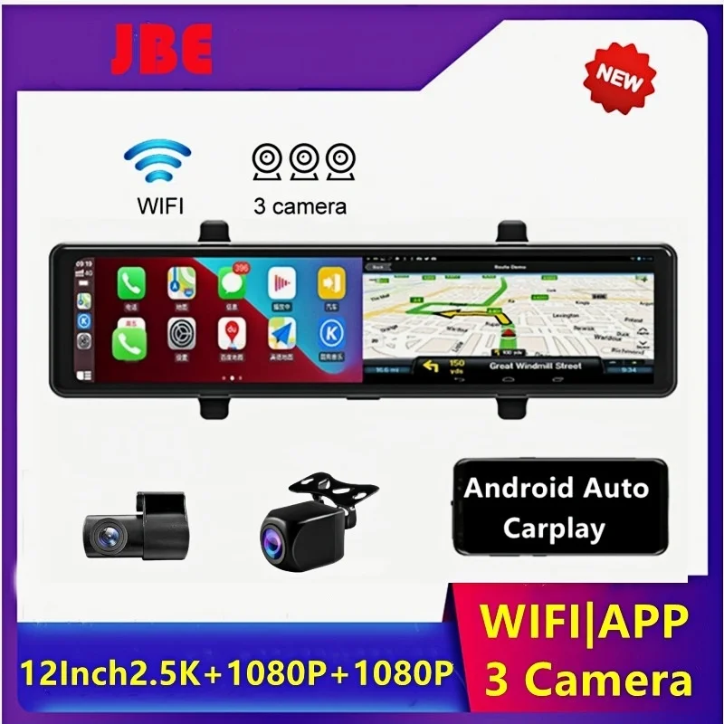 

3 Camera Recording Android Auto Carplay Wireless Connection 2.5K Recording Wifi Mirror Car DVRs 12Inch Touch Screen Car Dash Cam