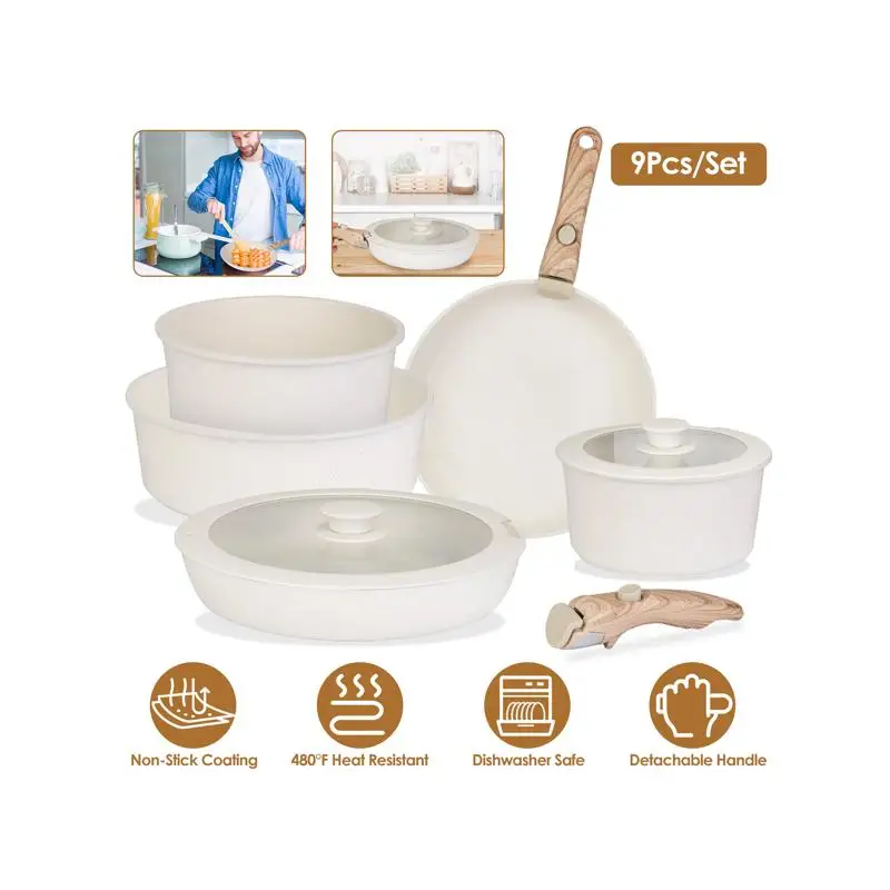 

Набор посуды с антипригарным покрытием из 9 предметов со съемными ручками, крышками из закаленного стекла, можно мыть в посудомоечной машине и в духовке, прочный алюминиевый сплав