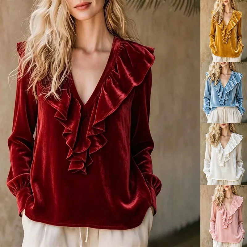 2026 European And American Amazon Cross-Border Women's Clothing Autumn New Velvet V-Neck Ruffled Elegant Top For Women