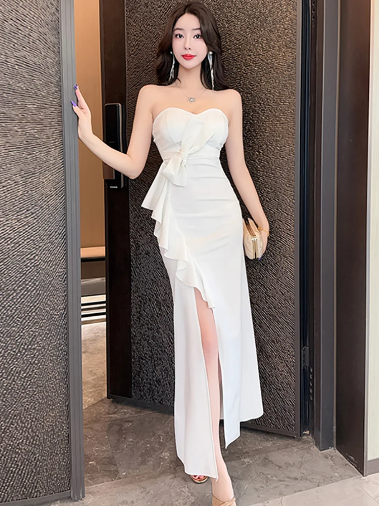 Zomer witte strik bodycon ruches split lange jurk damesmode chique borstverpakking sexy jurk 2025, elegante luxe avondjurk