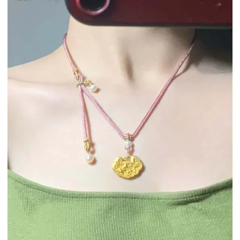 

New Girl's Heart Pink Rope Necklace Gold Plated Ruyi Lock Pendant Hand-woven Simple All-match Best Friend Clavicle Chain Gift