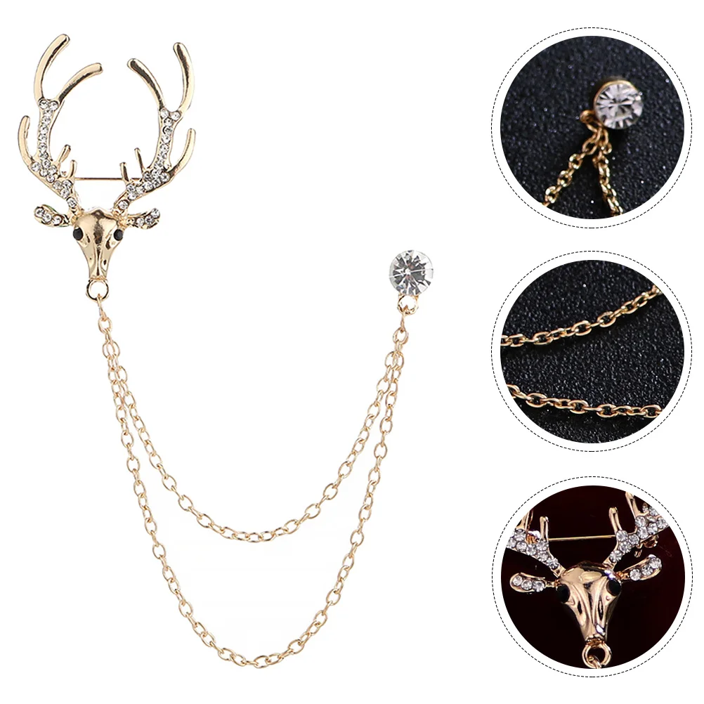 

1Pcs Men Suit Brooch Elk Rhinestone Hanging Chain Breastpin Classic Career Lapel Pin for Banquet Business Occasion