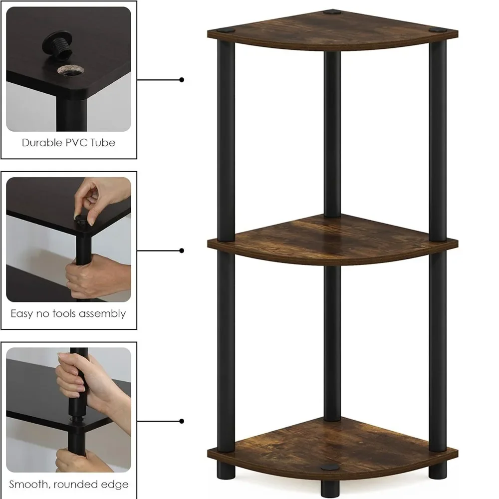 Turn-N-Tube 3 Tier Reversible Corner Display Rack Multifunctional Shelving Unit, Round，12 D x 12 W x 30 H inches