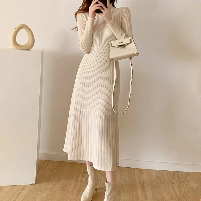 Autumn Winter 2024 Slim Long Sleeve Party Midi Dress for Women Knitted Half High Collar Elegant Knitted Sweater Dresses Ladies