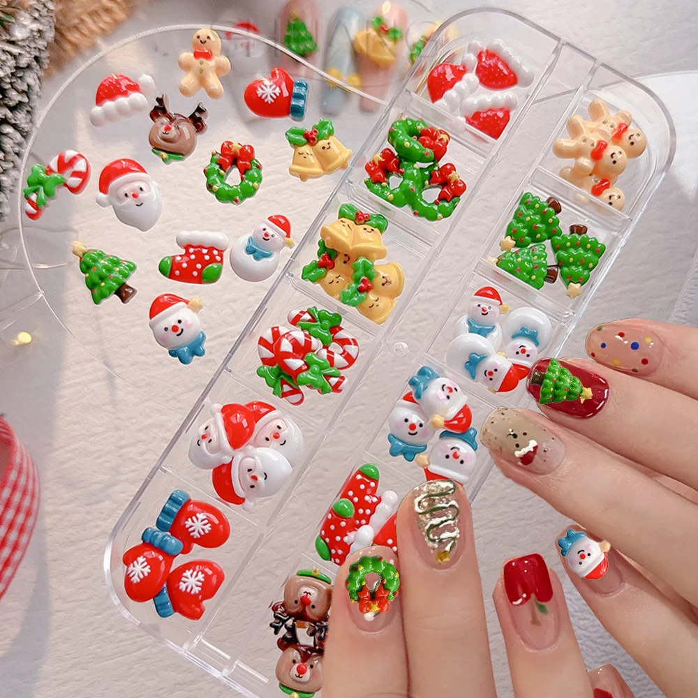 

12Grid 3D Resin Christmas Nail Art Charm 36Pcs Mixed Cartoon Snowman Gloves Santa Claus Bell Pine Nail Accessories Xmas Nail Dec