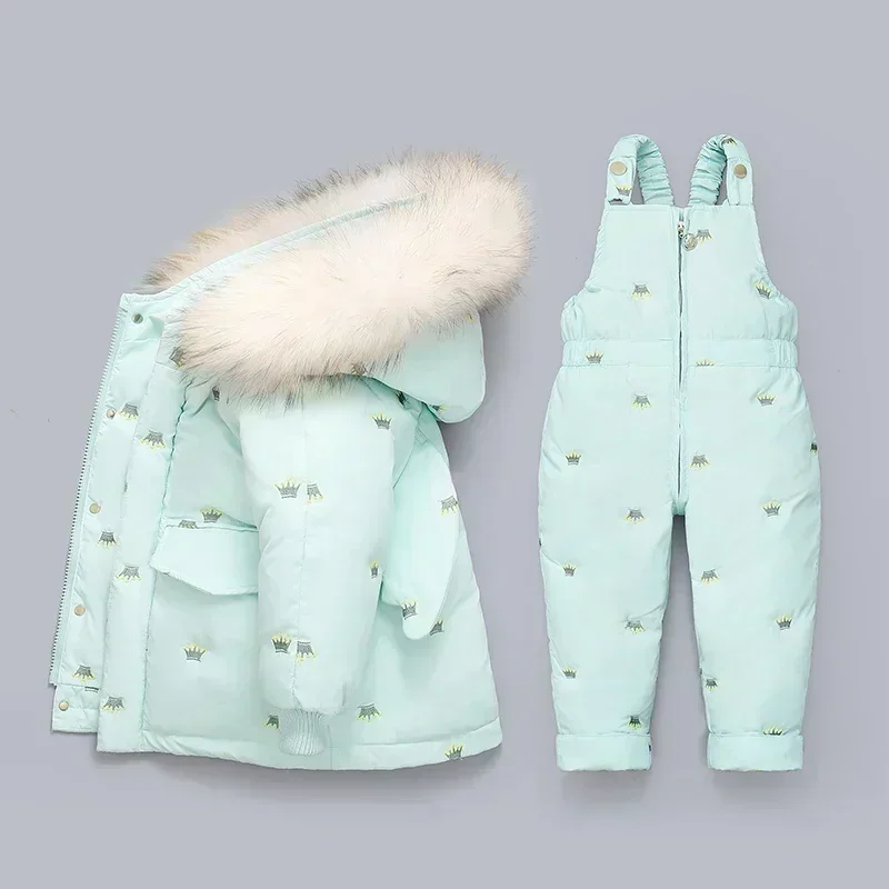 2024 Winter down jacket Jumpsuit Baby Boy parka real Fur Girl Clothes children Clothing Set Toddler Thick warm Overalls Snowsuit