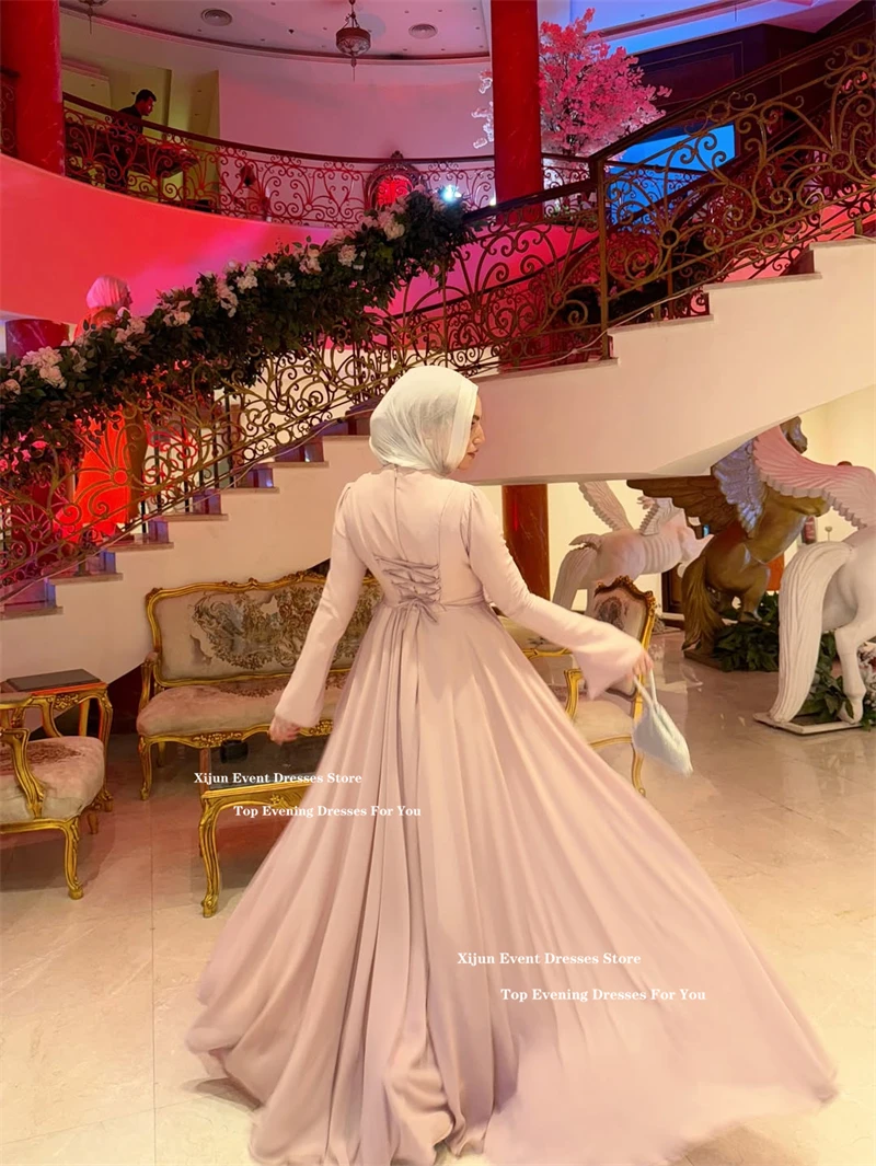 Suknie wieczorowe Xijun Modest Chiffon A-Line z długimi rękawami, Dubajskie muzułmańskie suknie balowe, długie do podłogi, formalne okazje, suknie balowe szyte na miarę