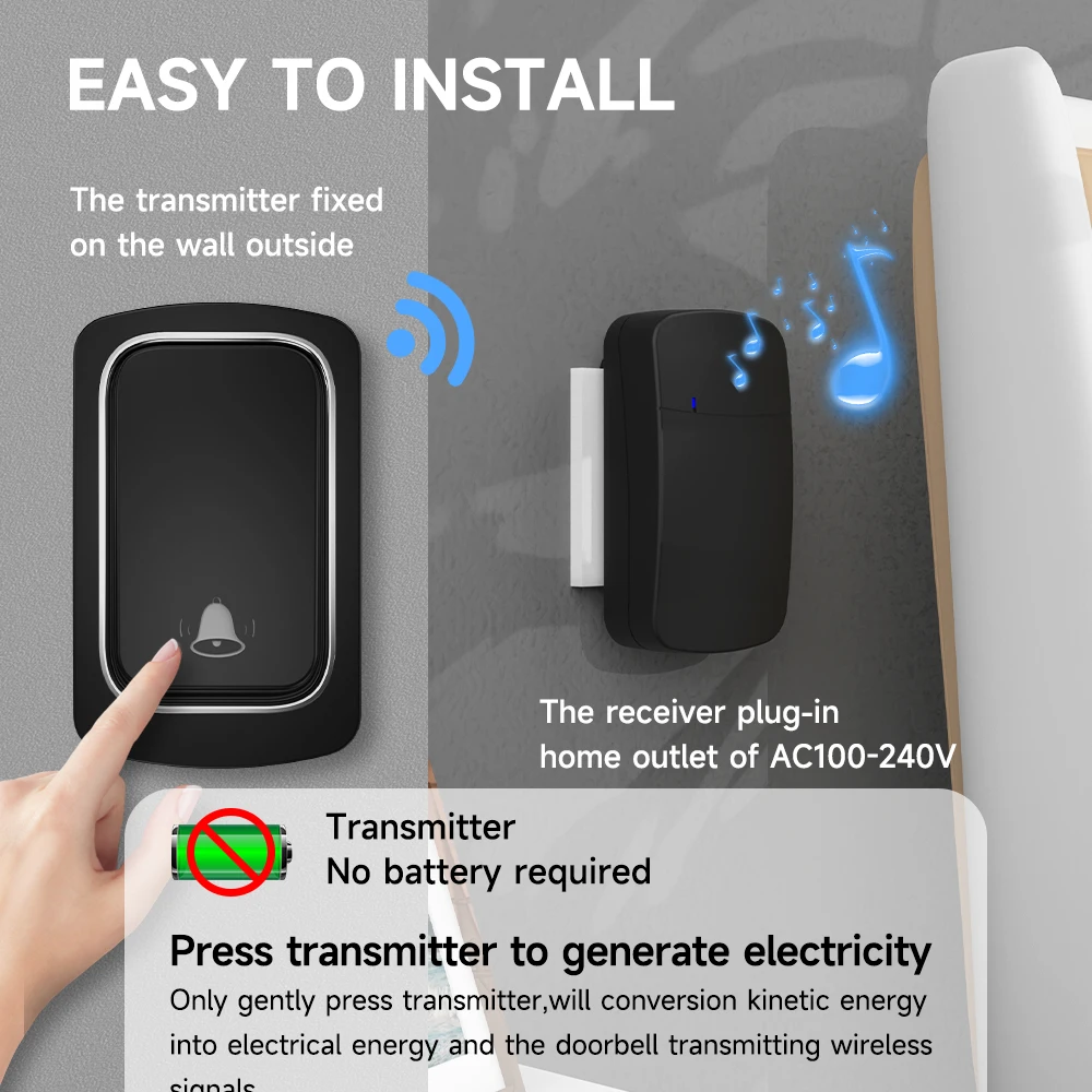 Self-Powered Wireless Doorbell AU Plug Waterproof No Battery Kinetic Door Chime 300M Range 36 Melodies Plug-in for Home Outdoor
