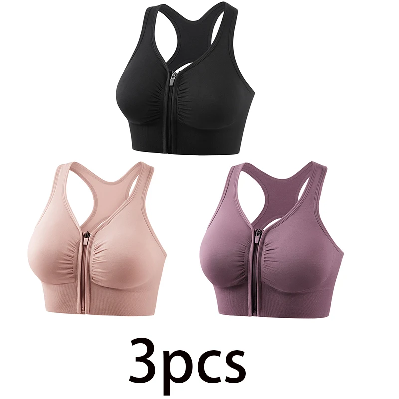 

Women Shockproof Gathered Yoga Running Bra Hollow Beautiful Back Front Zipper Sports Underwear Seamless Solid Sport Brassiere