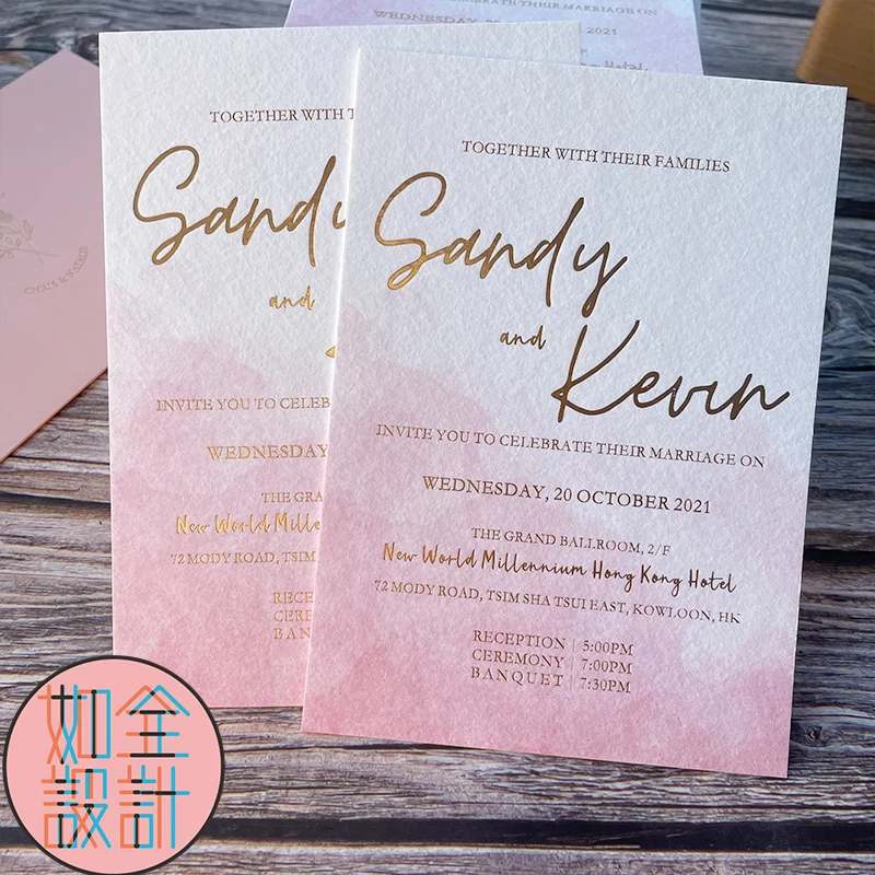 

High Grade Customized Design Wedding Invitations Cotton Paper Gold Foil Upscale Sweet Pink Printing