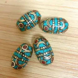 BD280  Nepal Handmade Beads Brass Inlaid Turquoises Coral Stone Oval Diy Beads Jewelry Accessory 4 PCS Beads Lot