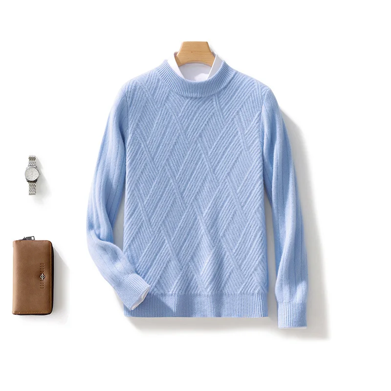 

2025 New 100% Pure Wool Sweater Men's Round Neck Diamond Thickened Sweater Business Casual Warm Base Shirt Pullover