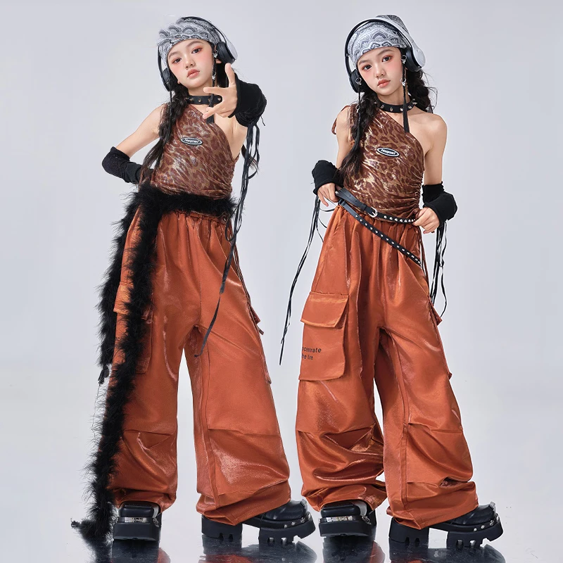 

New Girls Hip Hop Dance Costume Leopard Navel Tops Brown Leather Pants Kpop Jazz Performance Clothes Fashion Stage Wear BL16216