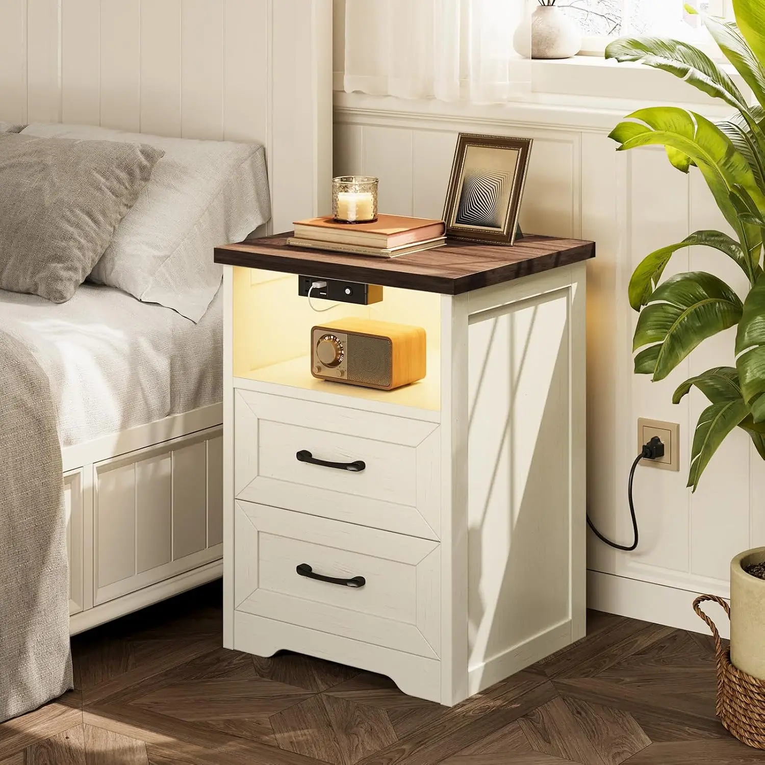 Farmhouse Nightstand Set of 2, Bedside Tables with Charging Station & LED Lights, End Tables with Two Drawers and Open