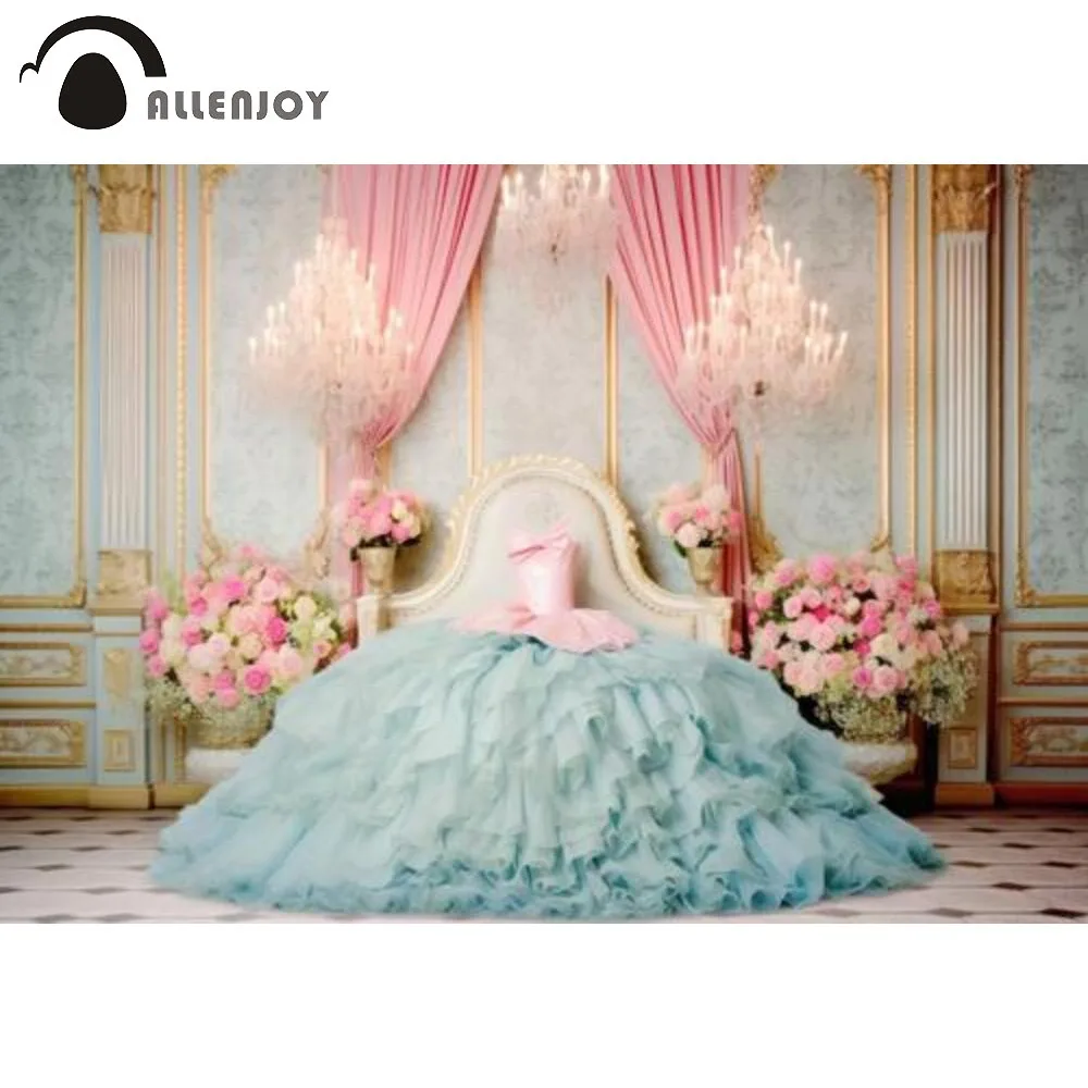 

Allenjoy Princess Dress Photography Backdrop Blue and Pink Fairytale Dress Roses Bedroom Photoshoot Background