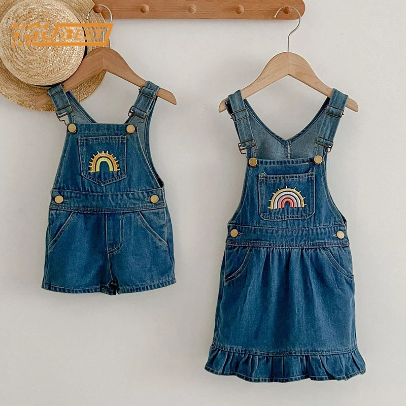 

Newborn Baby Girls Rainbow Denim Shorts Summer Kids Baby Girls Sleeveless Embroider Children Dress Sister Clothes