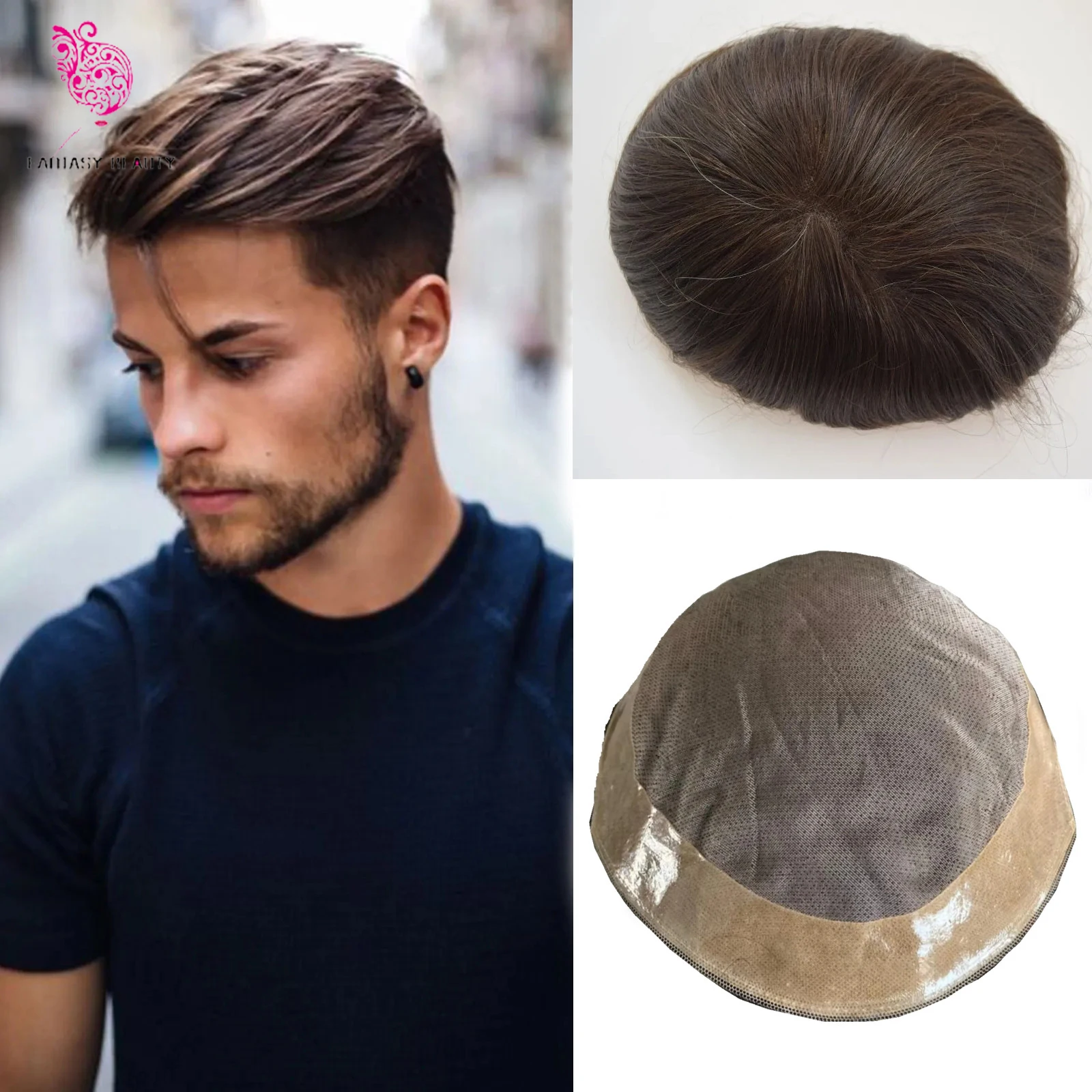 Durable mono breathable lace&PU Men's Toupee NPU 100% human hair Natural hairline Straight replacement comfort system prosthesis