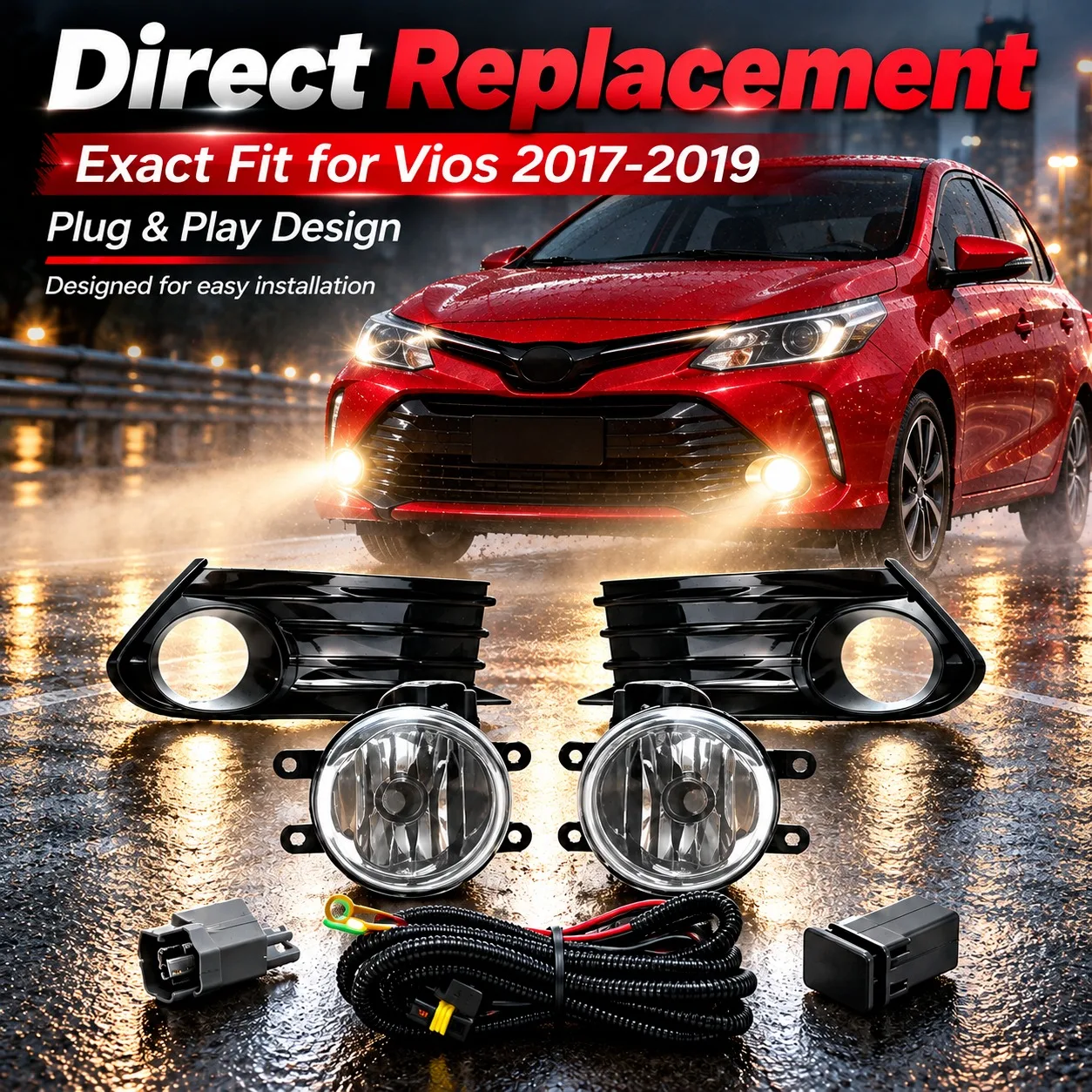 VKY-TY224 Fog Light Kit For Toyota Vios 2017 2018 2019 Front Bumper Fog Lamp Complete Set with Switch Wiring