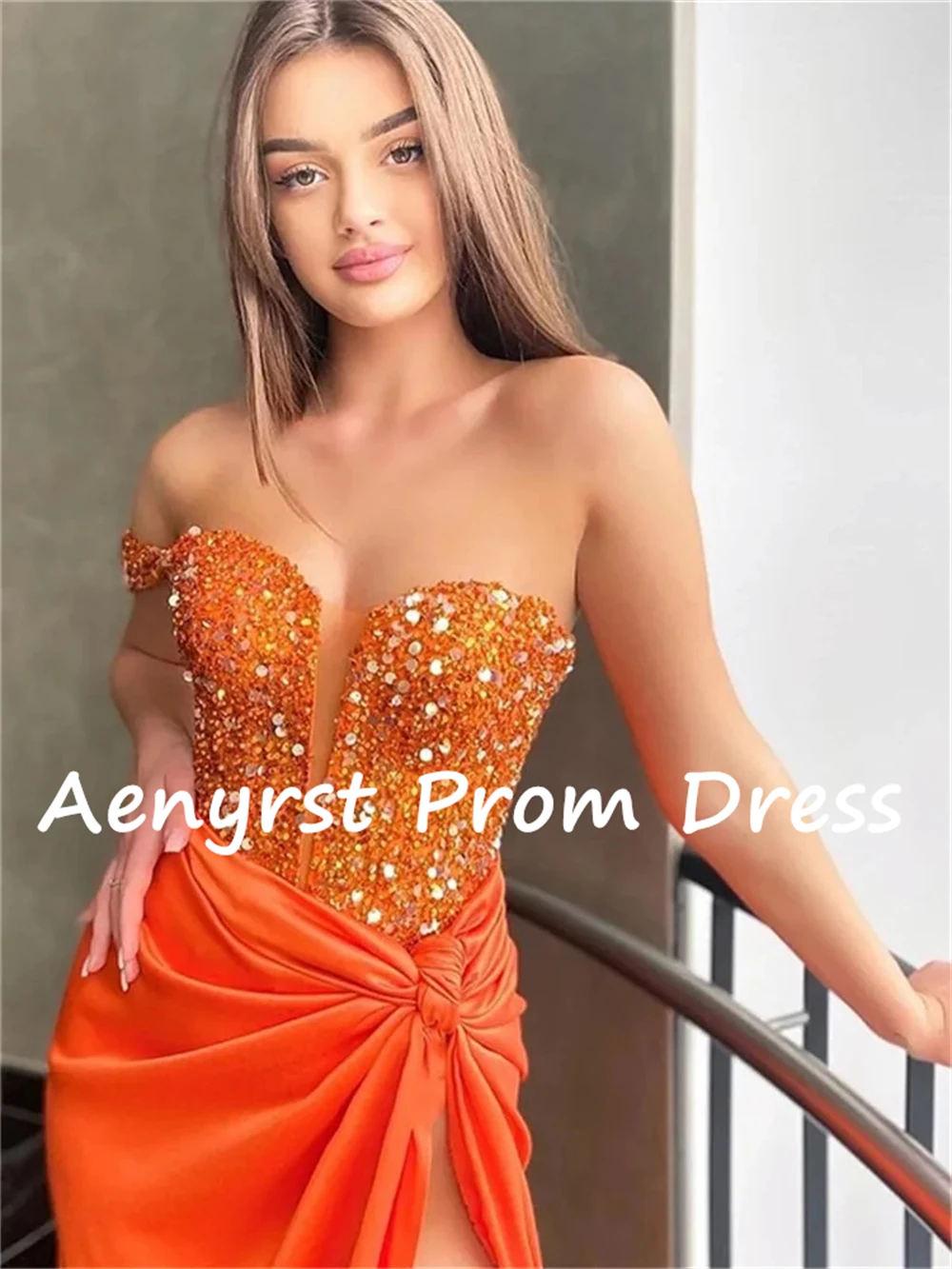 Aenyrst Orange Sweetheart One Shoulder Prom Dresses Sequined Side High Split Evening Gowns Floor Length Dinner Party Dress 2024