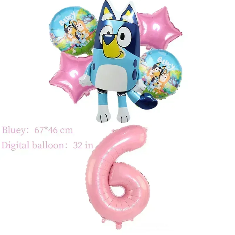 6 Stück Bluey Girl\'s Geburtstag Ballon Set Aluminiumfolie 32 Zoll Zahlenballon Geburtstag Party Dekor Layout Hintergrund