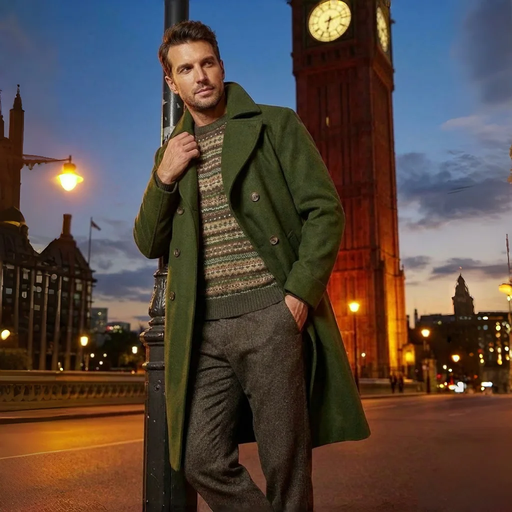 

Осенне-зимнее модное мужское ветрозащитное двубортное шерстяное пальто, теплая шерстяная куртка средней длины в европейском и американском стиле