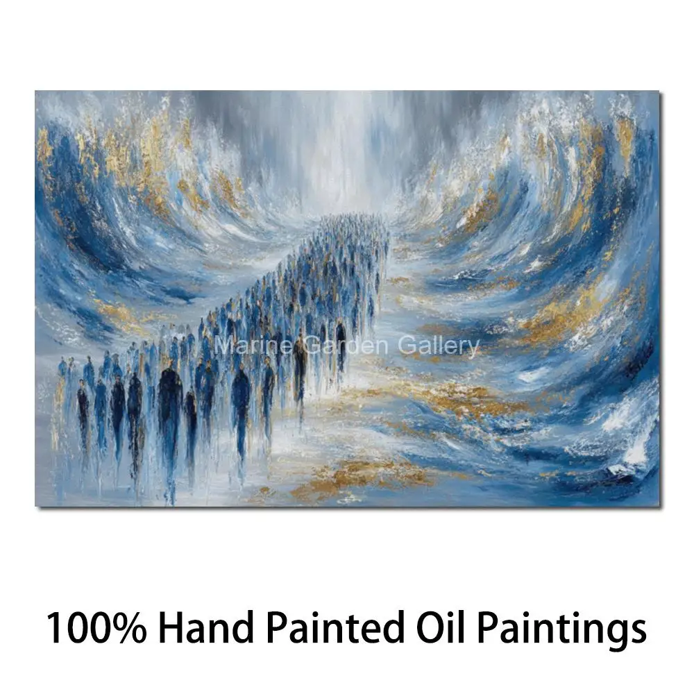Large Judaica Oil Painting Red Sea Crossing Miracle Hand-Painted Blue Gold Abstract Jewish Canvas Art Passover Jewish Home Decor