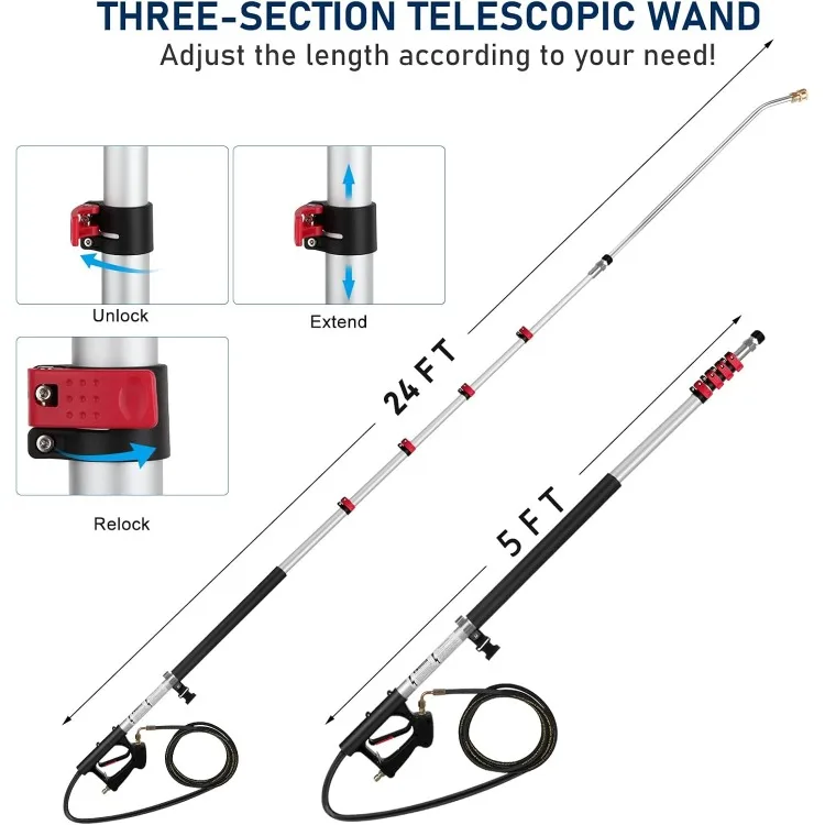 24 FT Pressure Washer Extension Wand, Extension Pole for Pressure Washer with Gutter Extension, and 5 Spray Nozzle Tips for Roof