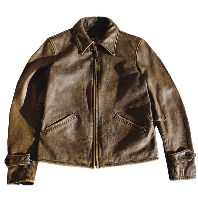 Veste de moto courte en cuir de vachette pour homme, manteau classique rétro américain Depp 1940, première couche, revers Kaji