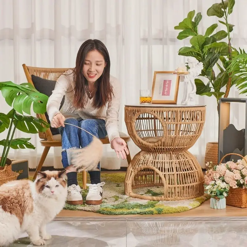 عش قطط ياباني بسيط ومبتكر بطبقة مزدوجة، زاوية أريكة، شرفة غرفة المعيشة، الناس والقطط يشاركون قهوة صغيرة من الخيزران #5