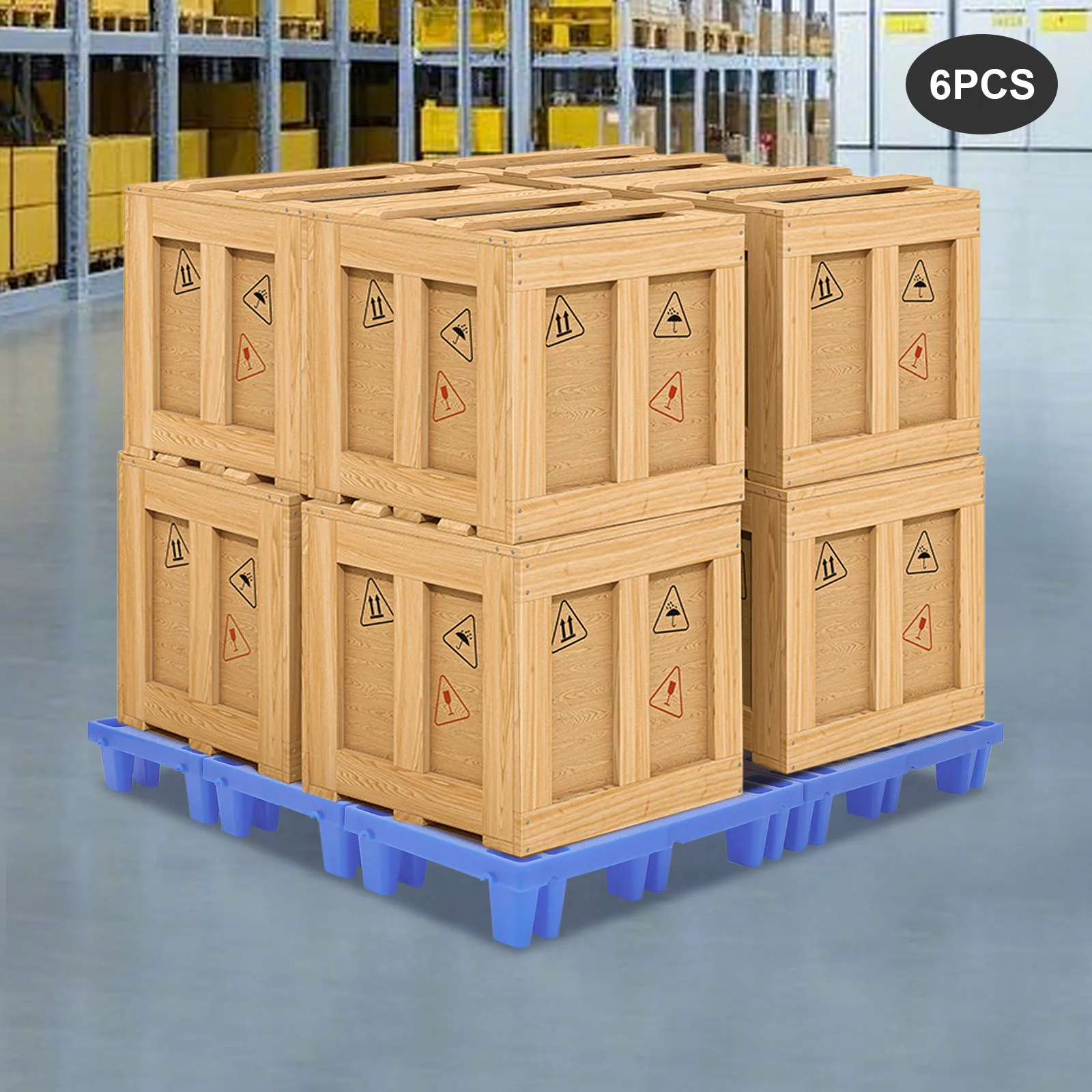 6PCS Lightweight Blue PP Plastic Pallets with High Load Bearing Waterproof Moisture Proof for Warehouse Storage