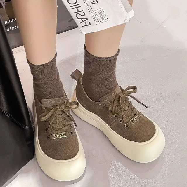 

Women's Thick Bottomed Sporty Bread Shoe Large Head Genuine Leather Ugly Cute Casual Slip-On round Toe Rubber Outsole