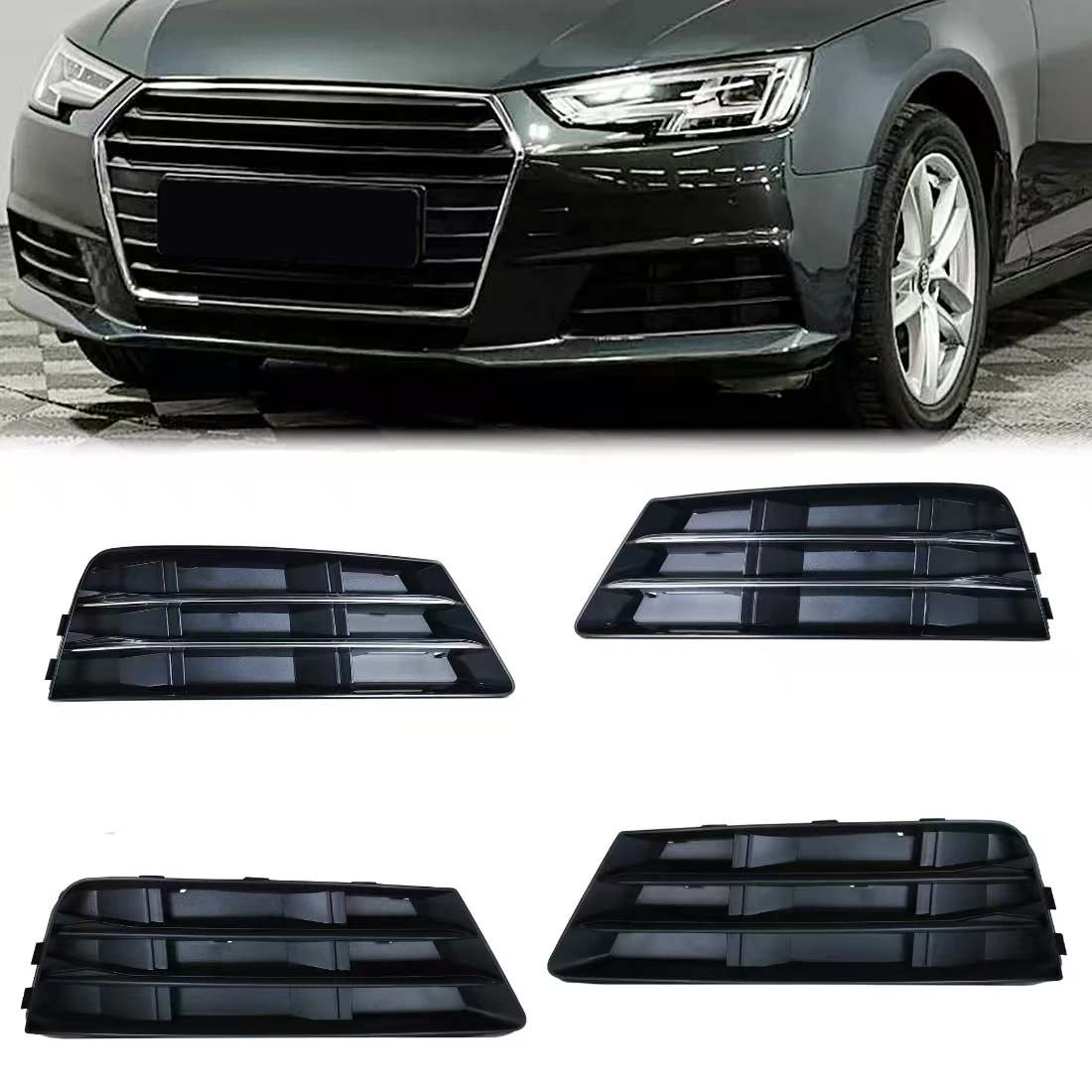 Car Front Bumper Grille For Audi A4 B9 2016 2017 2018 Fog Lamp Cover Foglight Frame Grille Mesh Decoration 8W0807681R 8W0807682R