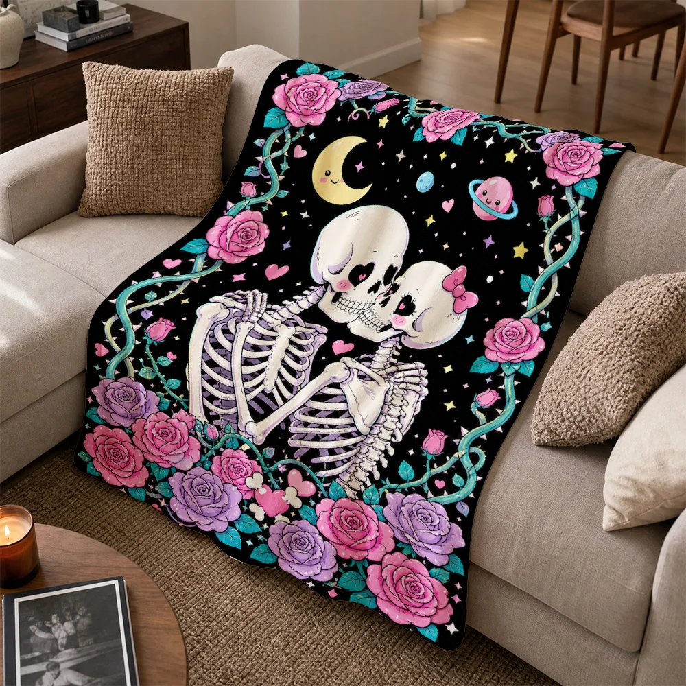 Decorative Skeleton Couple Throw Blanket Gothic Romance Floral Roses Night Sky Space Kawaii Halloween Cozy Sofa Throw Couch Cove