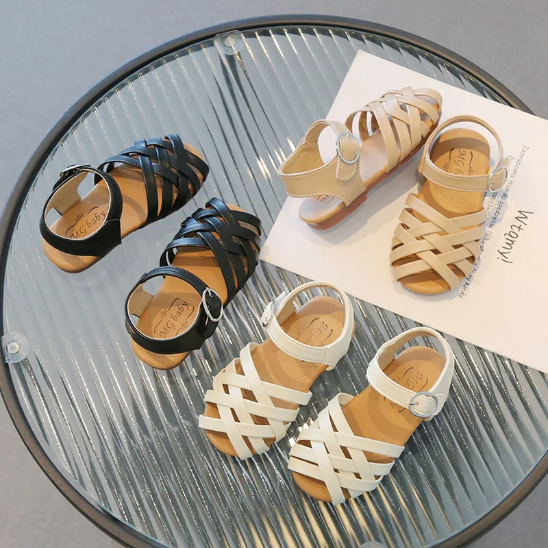Girls Summer Sandals Baby Girl Toddler Kids Shoes Sweet Princess Soft Children's Beach Rome Sandals Woven Cut-outs Toe-capped
