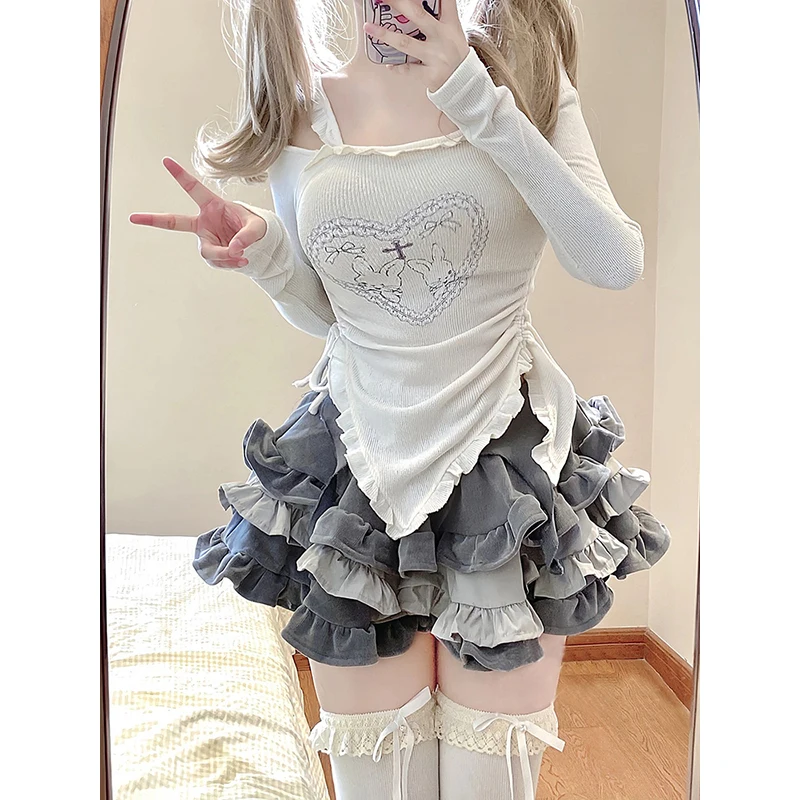 Kawaii Y2K Women 2 Pieces Sets Sweet Sexy Slim Shirts Gothic Long Sleeve Tops Mini Tutu Skirts Elegant Lolita Outfits 2023 New