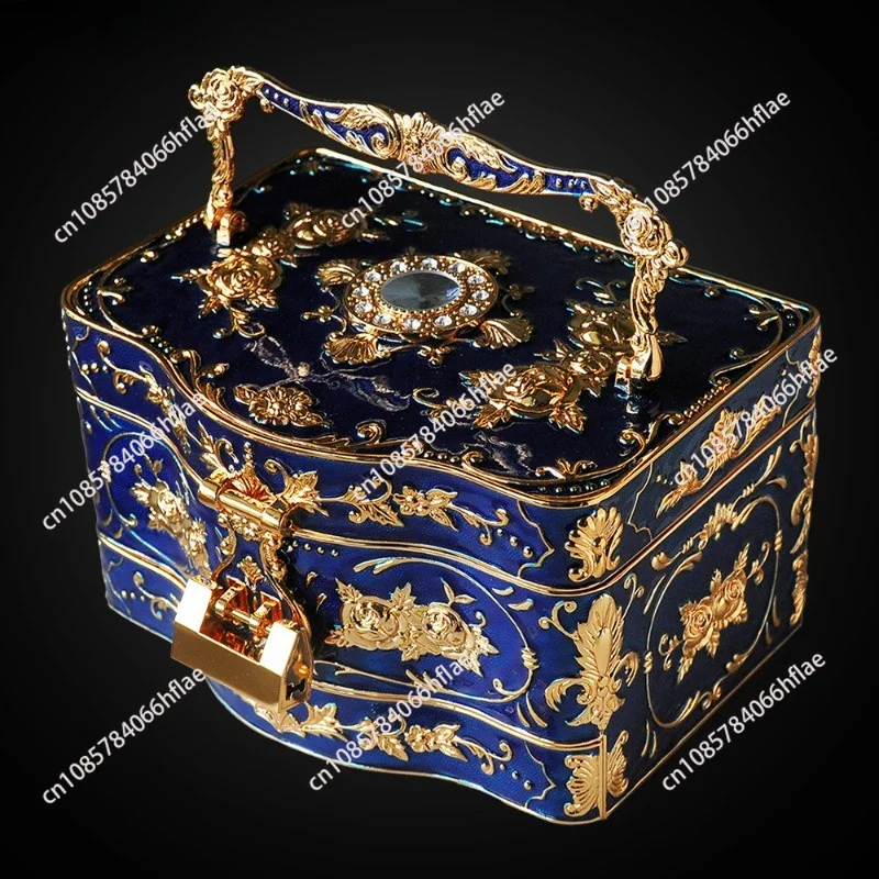 Three-layer European princess jewelry box, built-in mirror with lock, large jewelry ring storage box.