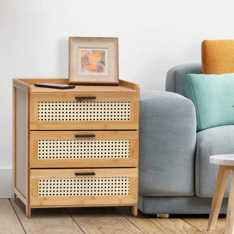

Bamboo Nightstand 3 Drawers Rattan Pattern End Table Comfortable Sofa Side Bedside Table Small Space Accent Nachttisch Side
