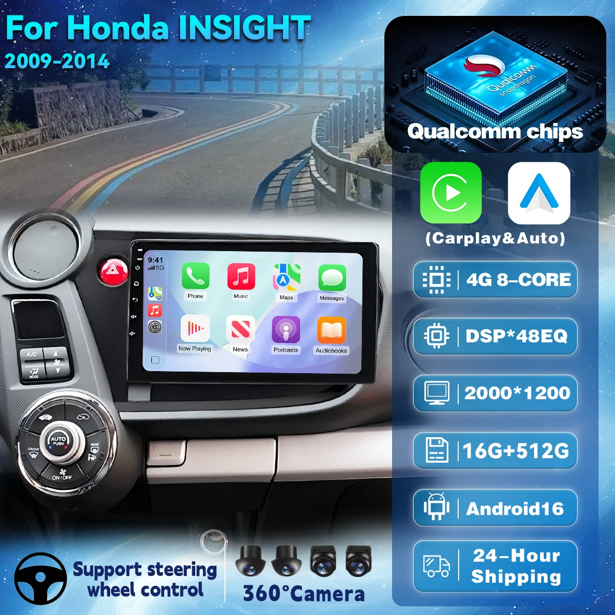 Android 16 Carplay Auto For Honda Insight 2 2009 2010 2011 - 2013 2014 Car Multimedia Radio Player Video WIFI+4G Stereo Wireless