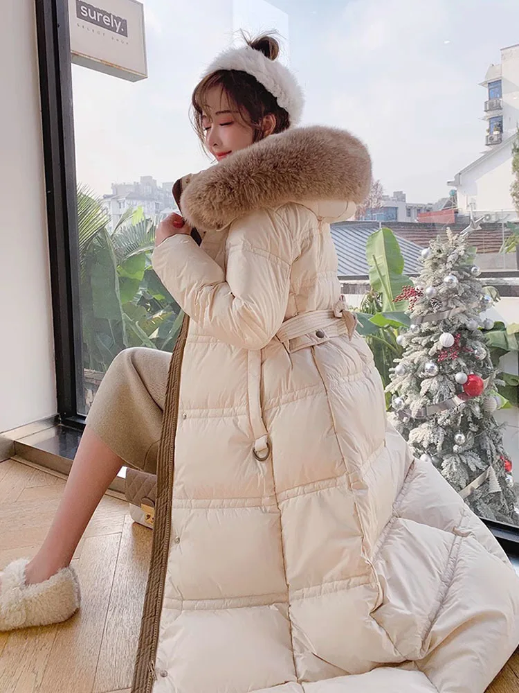 

New High-Grade Women's Fox Fur Collar Down Jacket Winter Coat Cold 90% White Duck Down Outerwear Long Hooded Parker Overcoat