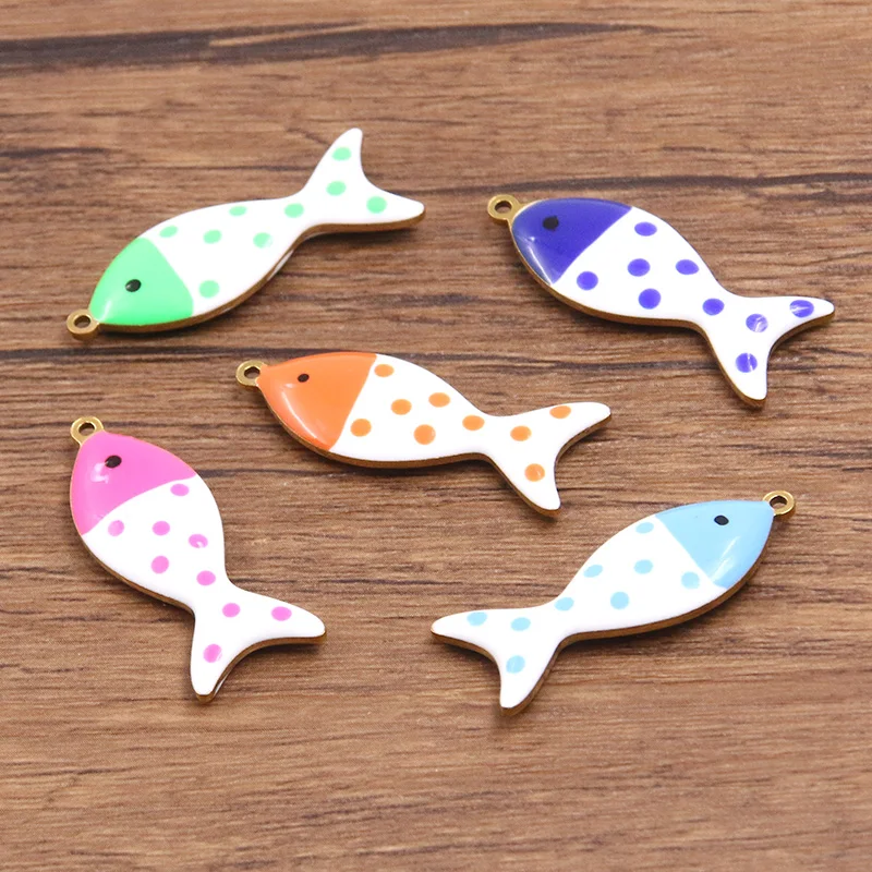 

5Pcs 12X31mm 5 Color Enamel Drip Oil Gold Stainless Steel Animal Pendant Double Sided Fish Charm DIY Necklace For Jewelry Making